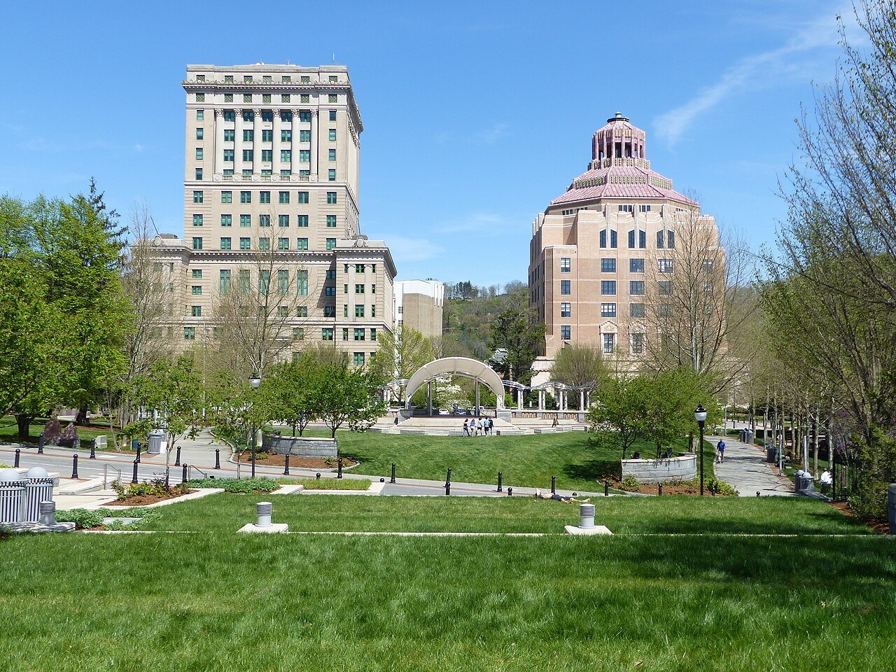 City buildings above the lawns of Pack Square Park in Asheville.