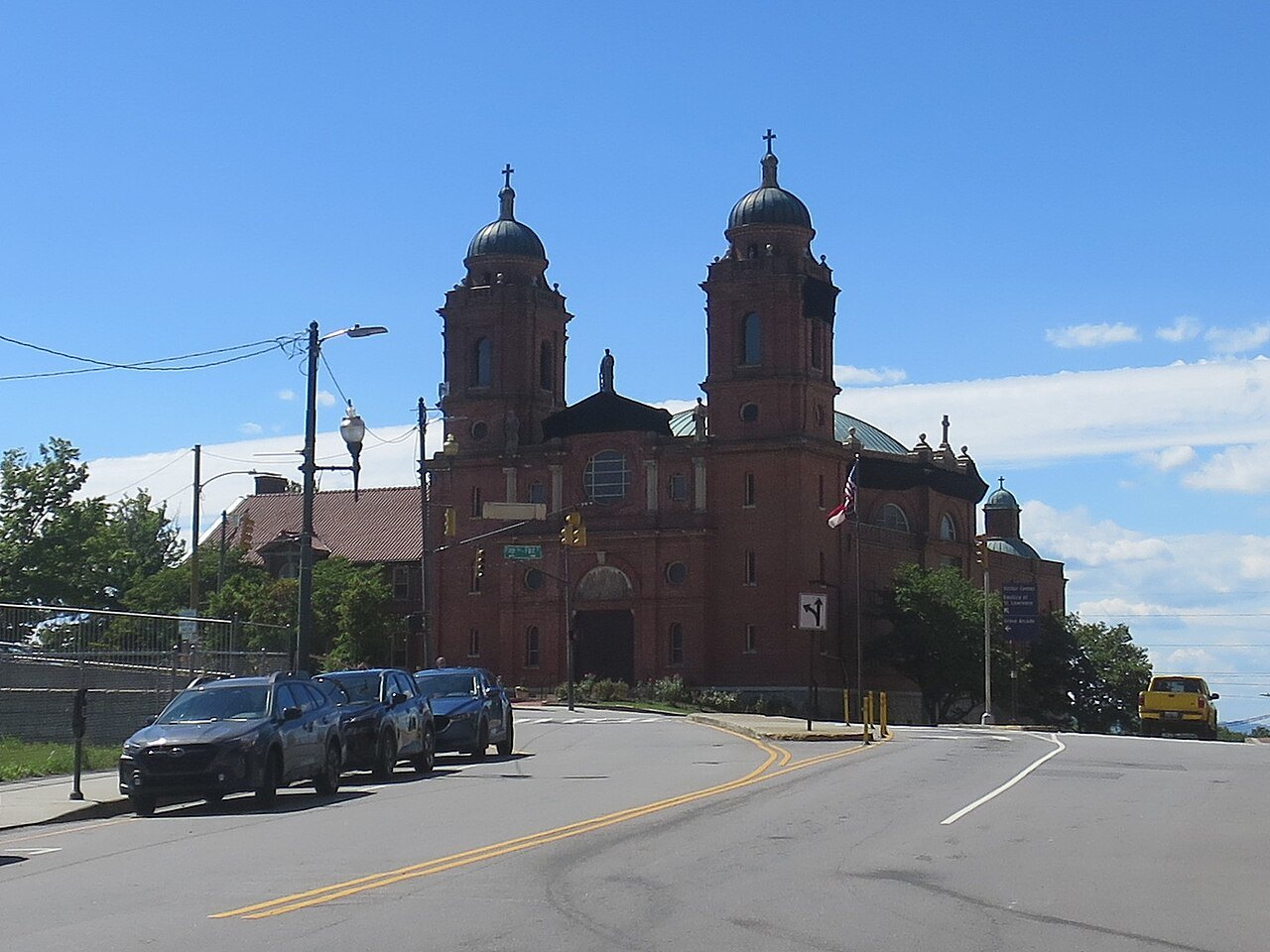 The twin-towered Basilica of St. Lawrence seen from Haywood Street in Asheville.