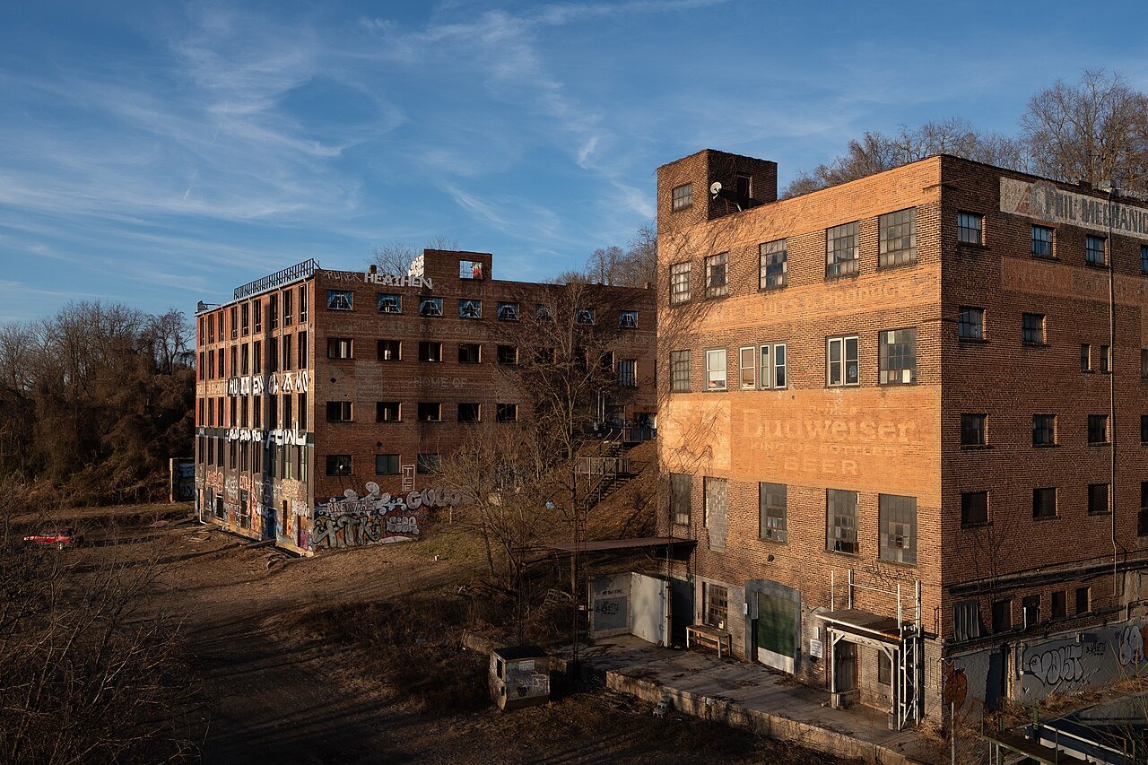 Old brick warehouses in the River Arts District on a winter afternoon.