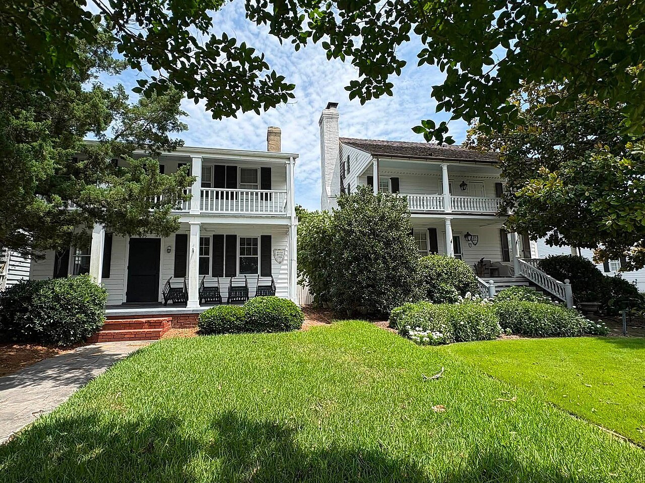 White houses with double porches along Front Street in Beaufort.