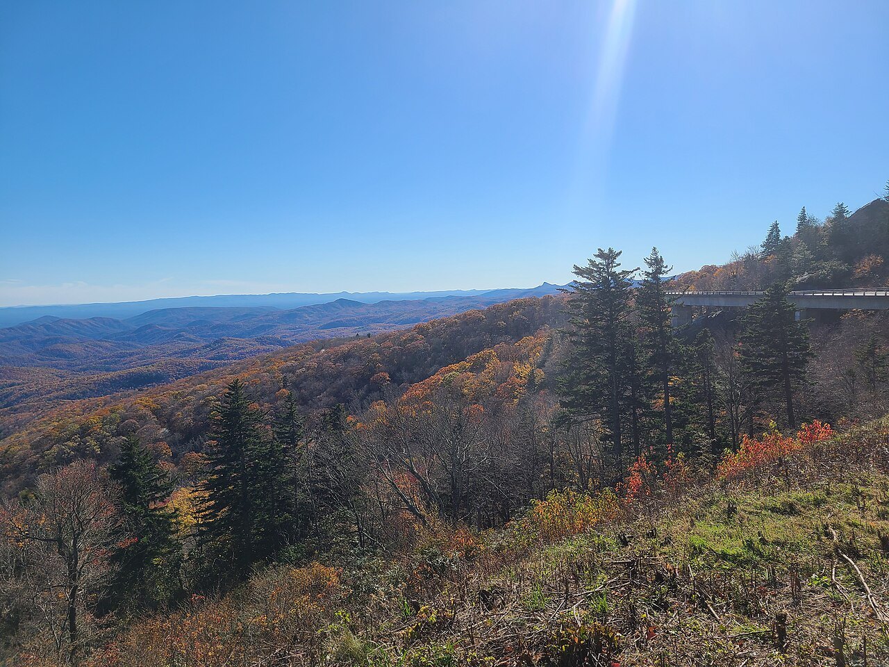 The Blue Ridge Parkway curving along the mountainside near Grandfather Mountain in autumn.