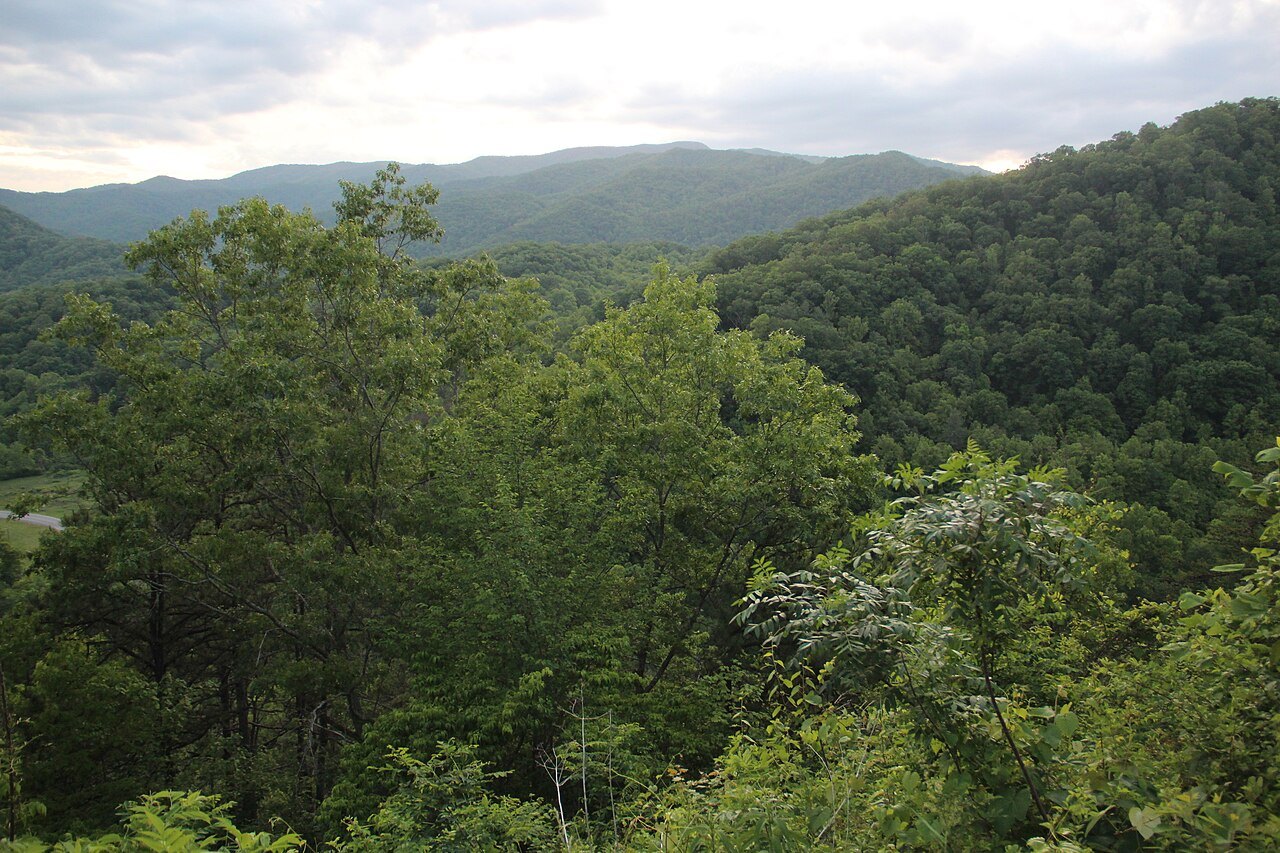 Green ridges above the Raven Fork valley near the southern end of the Parkway.