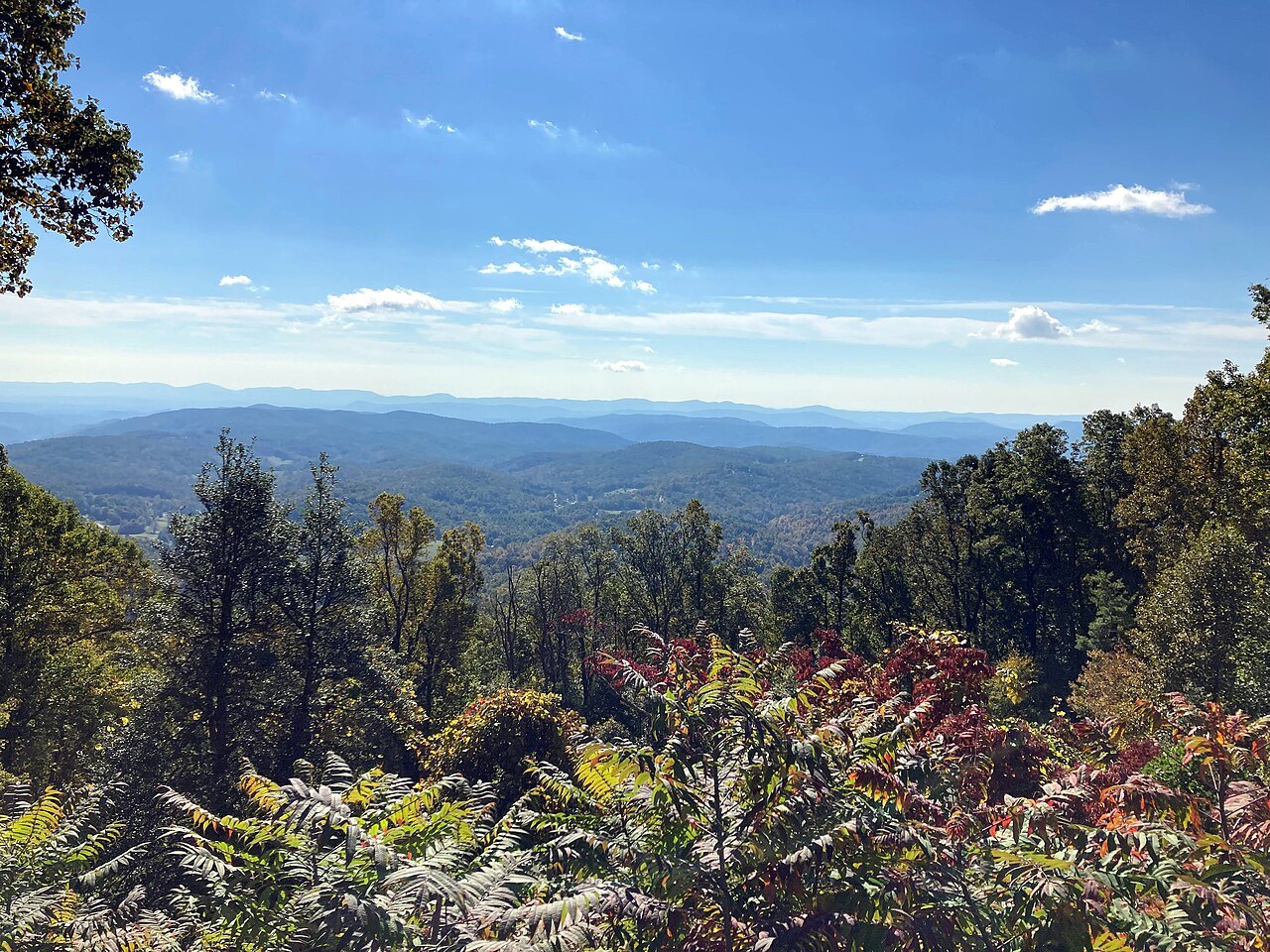 Layered blue ridges seen from the Stoney Fork Overlook on the Blue Ridge Parkway in October.