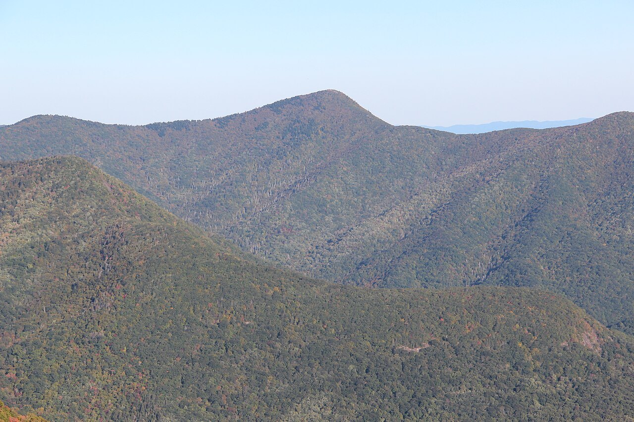 The Blue Ridge Pinnacle rising above the ridges, seen from the Graybeard Mountain Overlook.