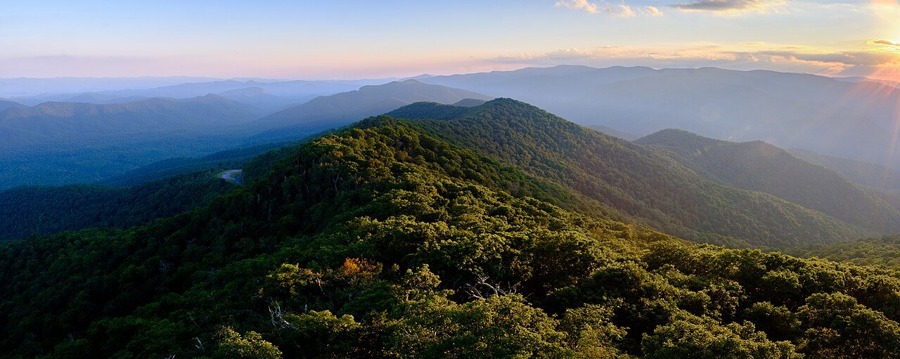 Frying Pan Mountain's forested ridge in the evening light.