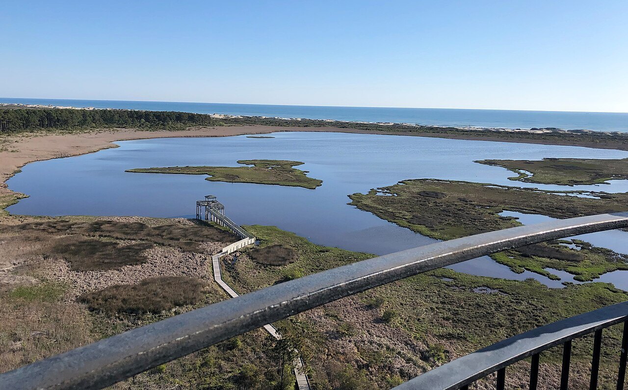 The pond and marsh below the Bodie Island Lighthouse, seen from its gallery.