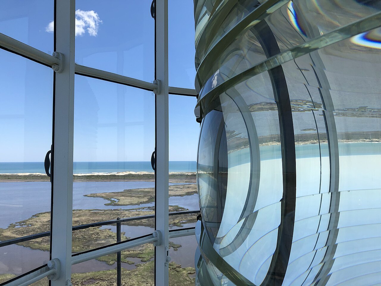 The great Fresnel lens at the top of the Bodie Island Lighthouse.