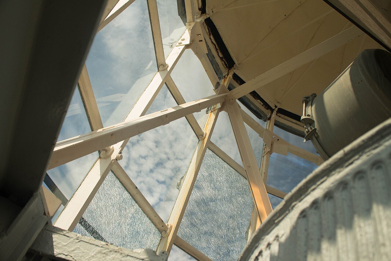Looking up through the lantern windows at the top of the Cape Lookout Lighthouse.