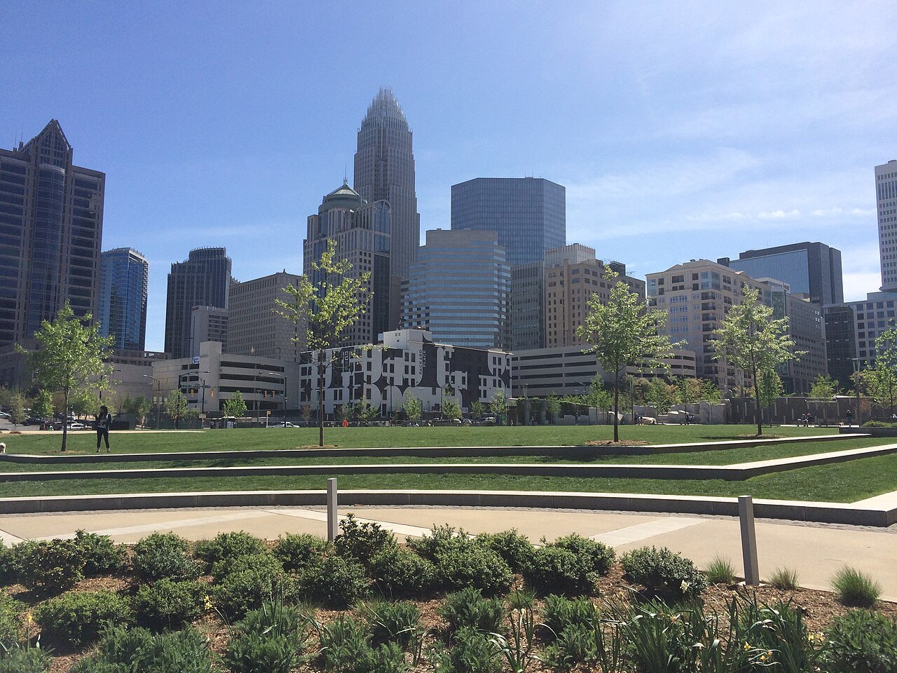 The Charlotte skyline seen across Romare Bearden Park.