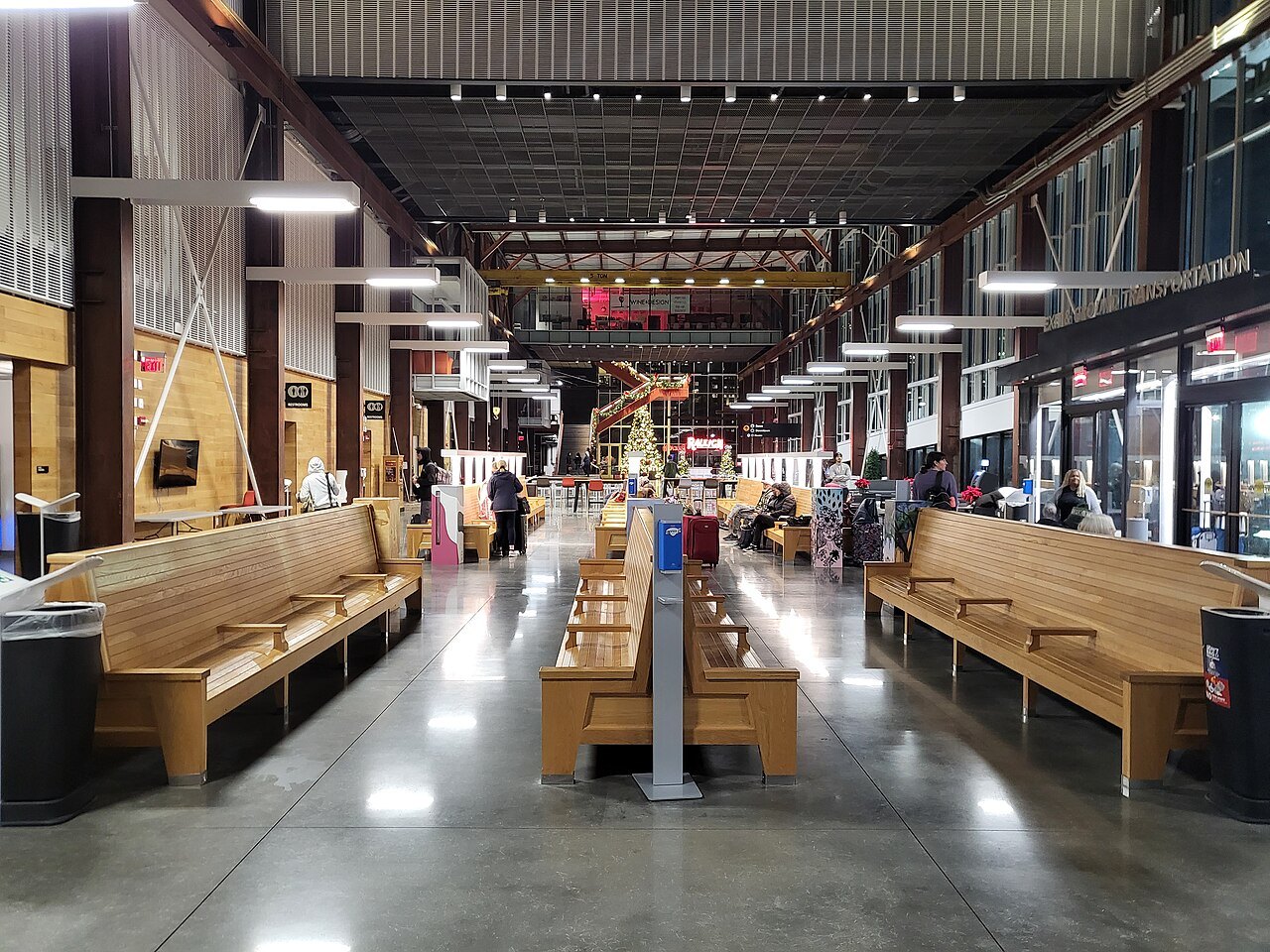 Long wooden benches in the concourse of Raleigh Union Station.