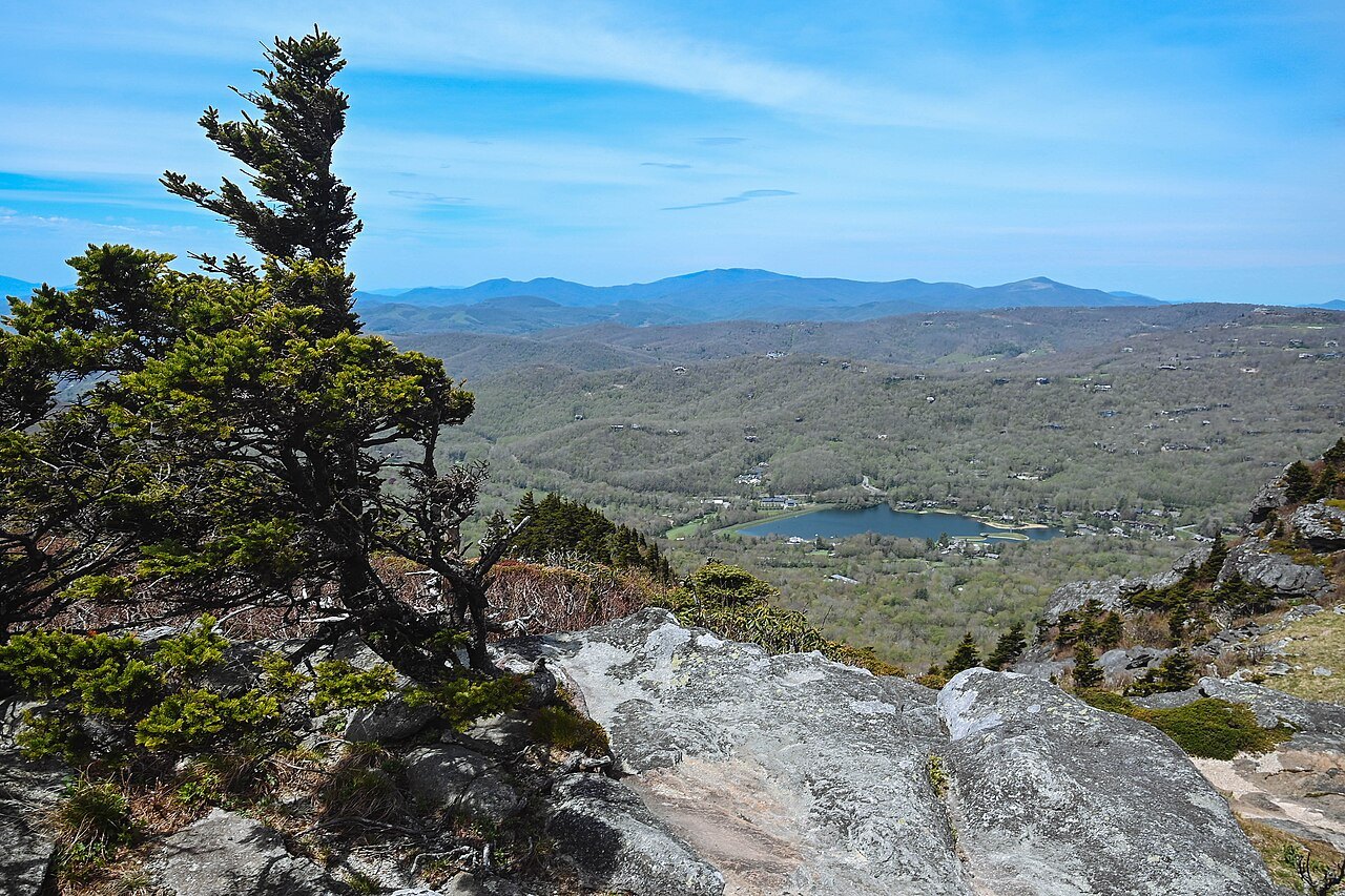 A wind-bent tree on the rocks of Grandfather Mountain above the valley and a lake.