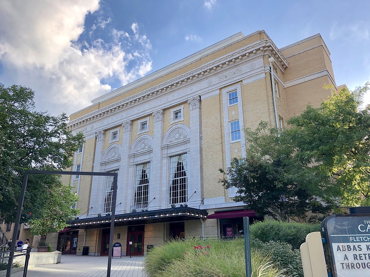 The pale front of the Carolina Theatre in downtown Durham.
