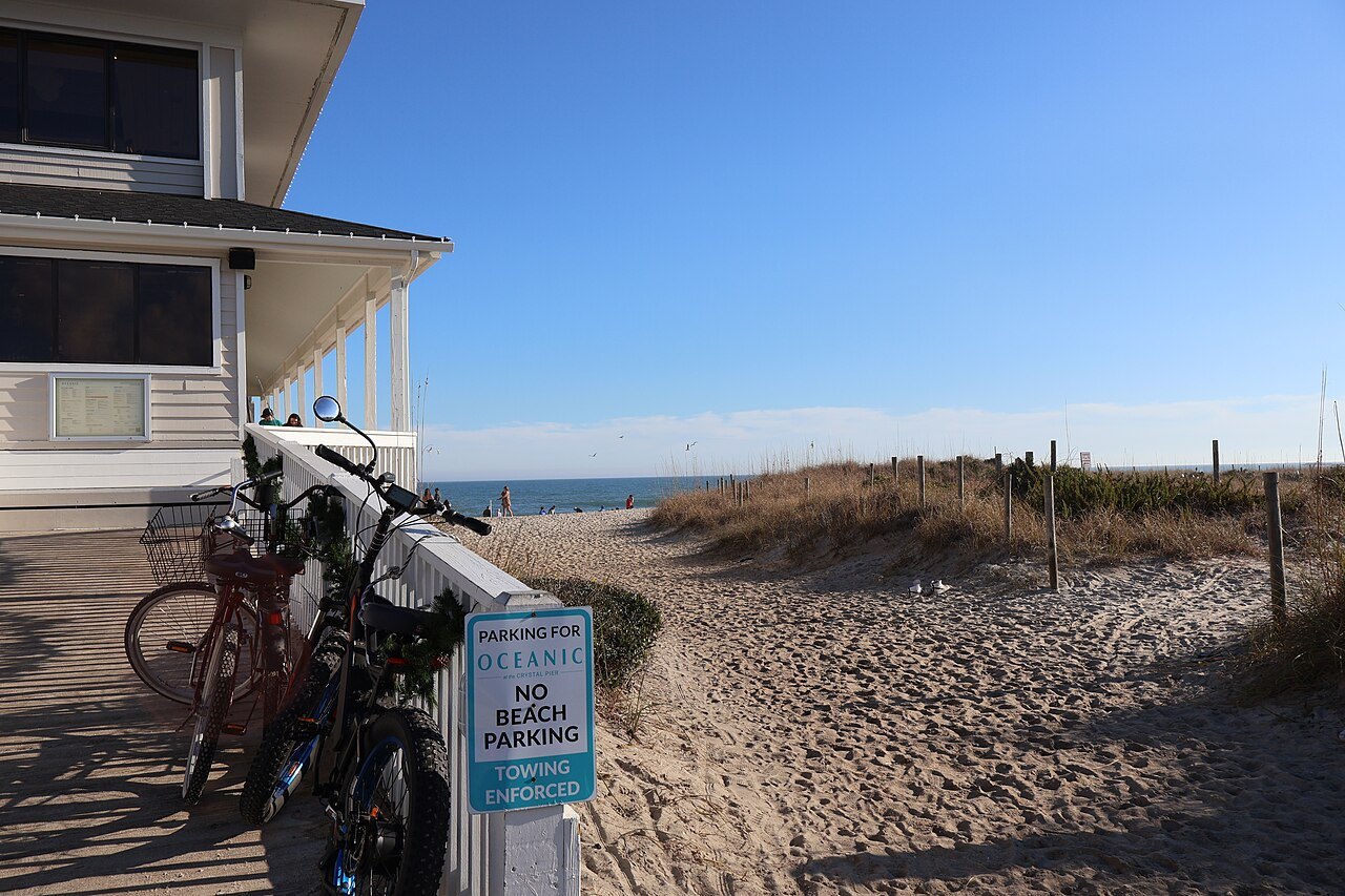 A boardwalk end and bicycles above the sand dunes at Wrightsville Beach.