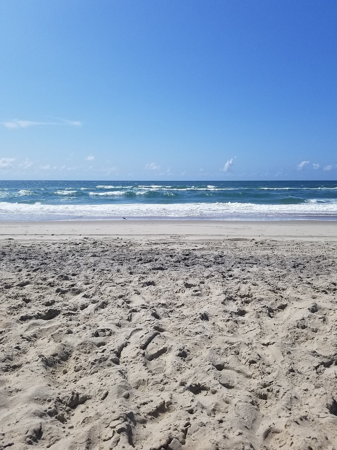 Open sand and a clear sky on the beach at Hatteras, with the surf breaking offshore.