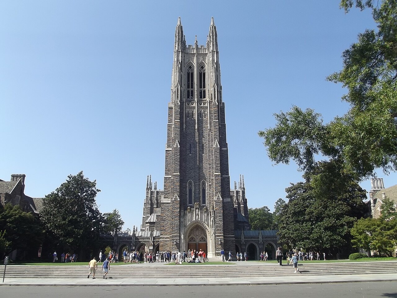 Duke Chapel and its tower seen across the plaza in front of it.