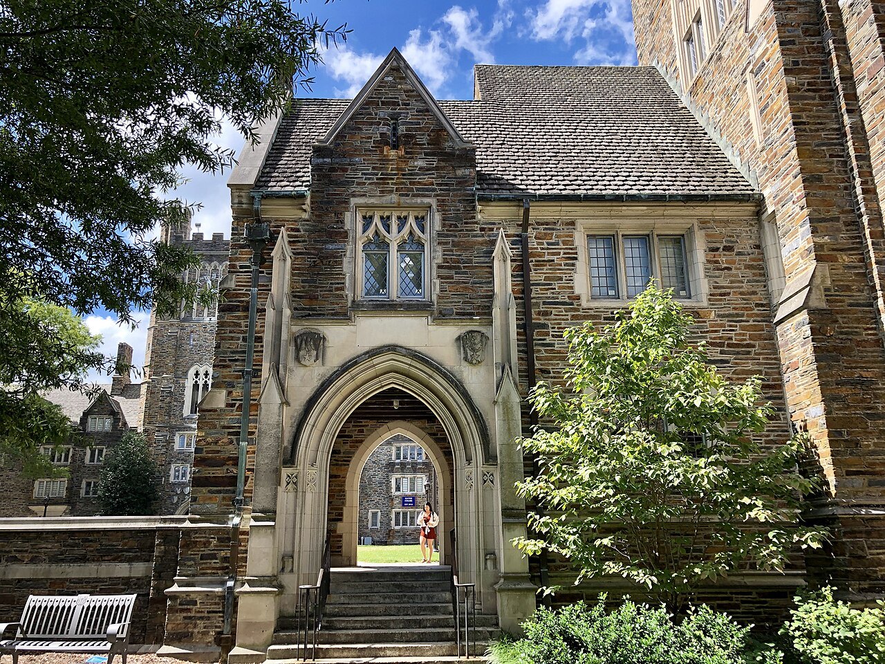 A Gothic stone gateway in the Clocktower Quad on Duke's West Campus.
