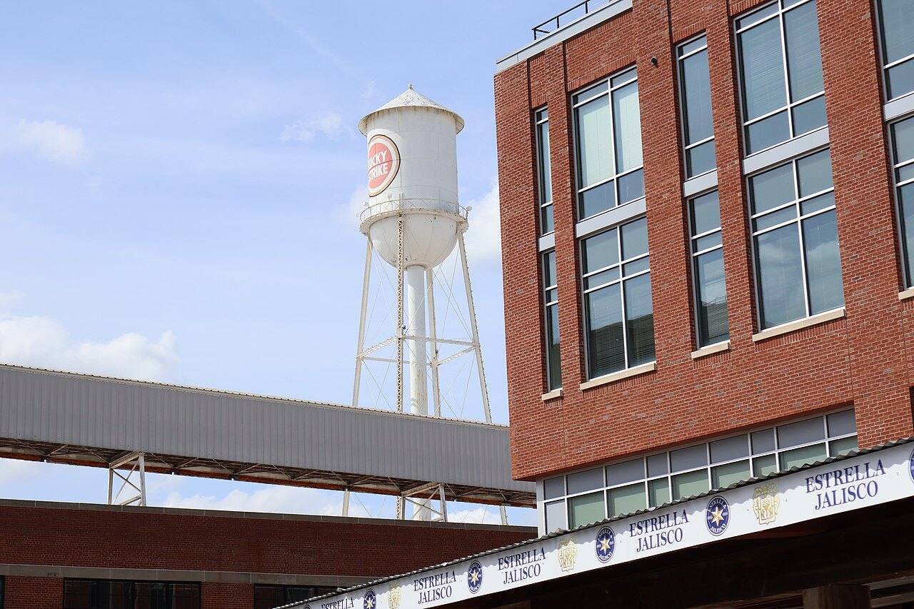 The Lucky Strike water tower above the American Tobacco Campus in Durham.