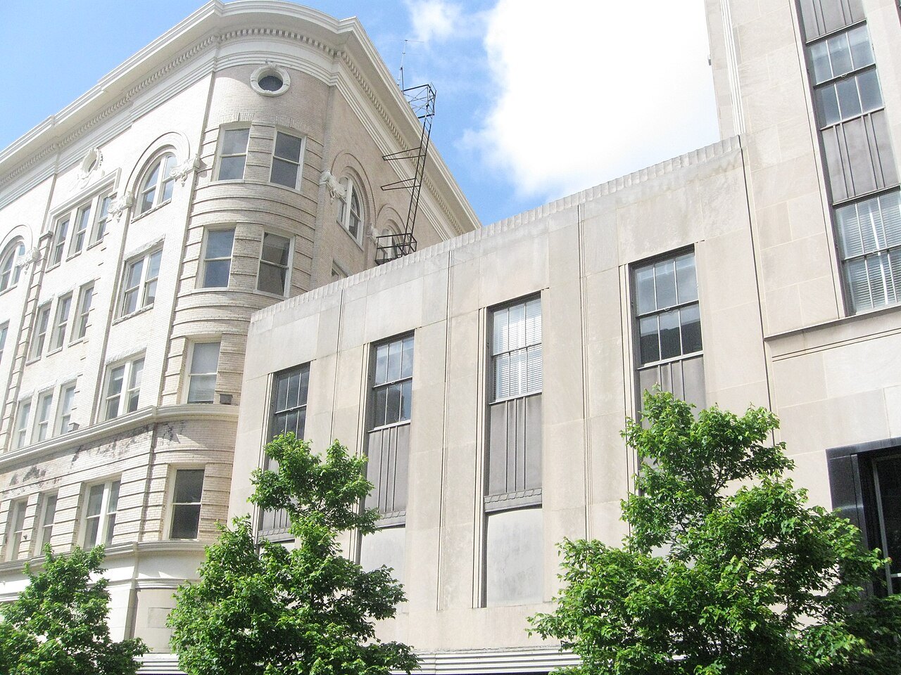Pale stone office buildings in downtown Durham.