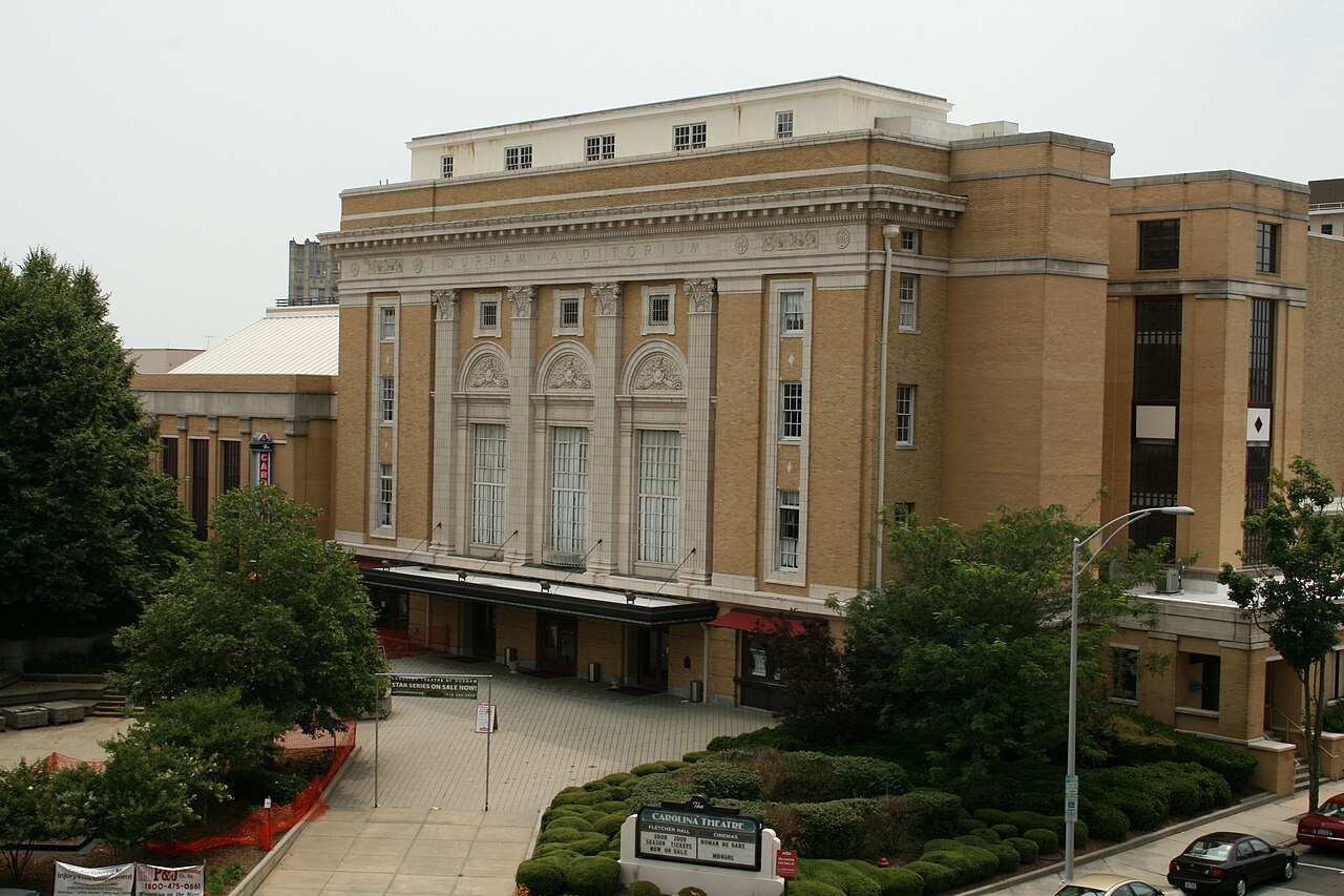 The Carolina Theatre in Durham, seen from above its forecourt.