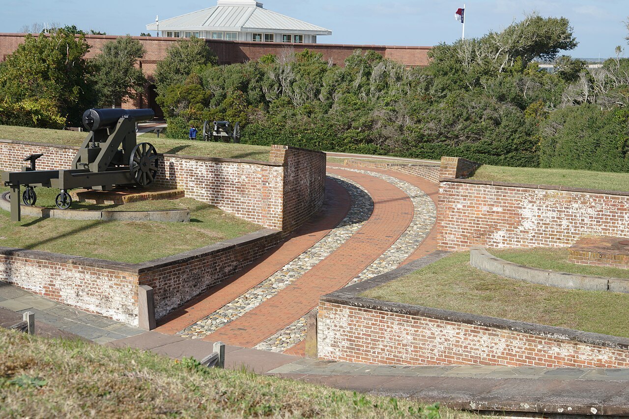 Cannon and brick outer works seen from the ramparts of Fort Macon.
