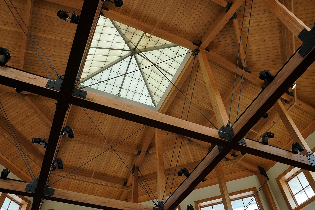 The timber roof and skylight of the Fort Macon visitor center.