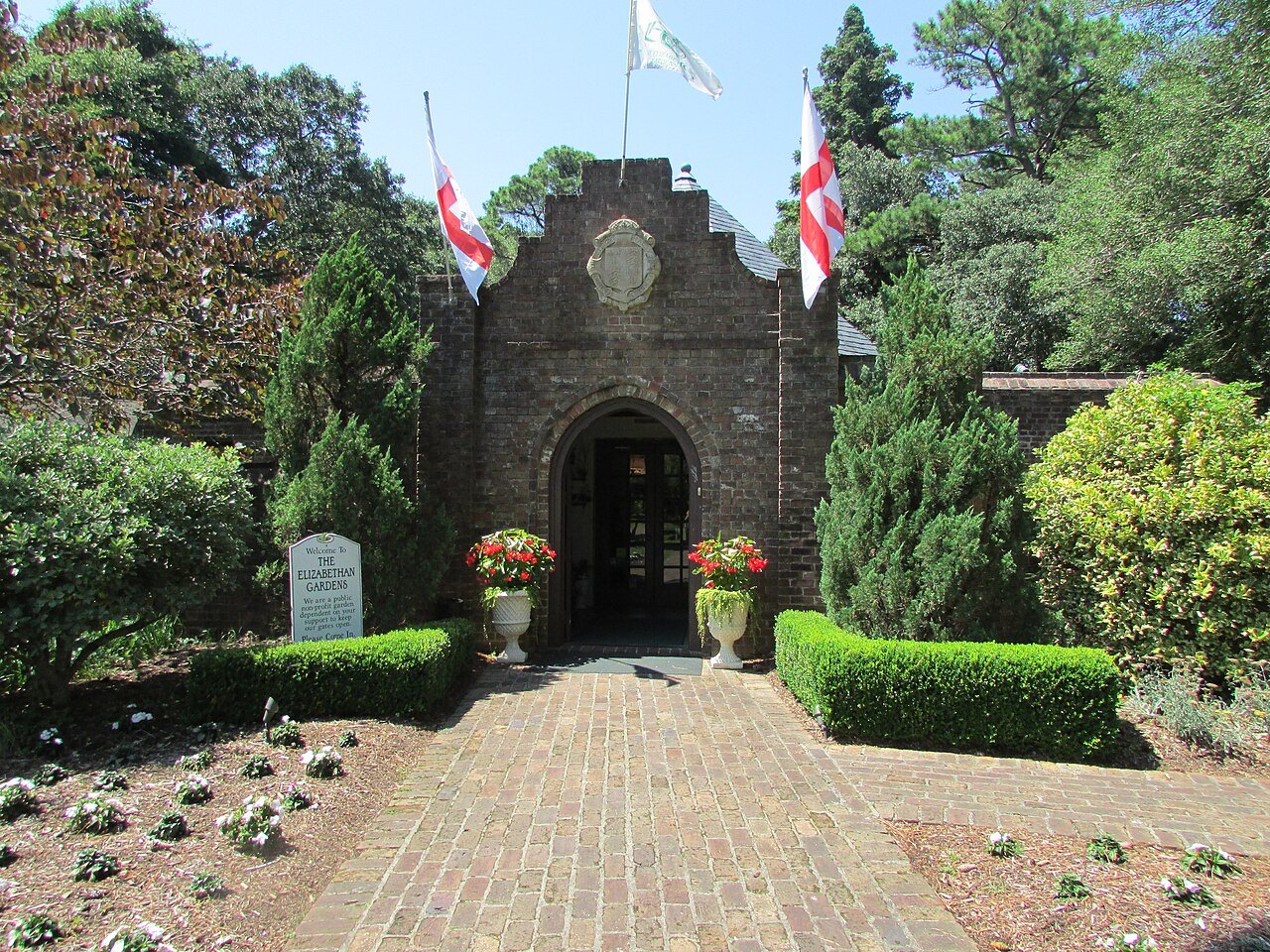 The stone entrance to the Elizabethan Gardens on Roanoke Island.