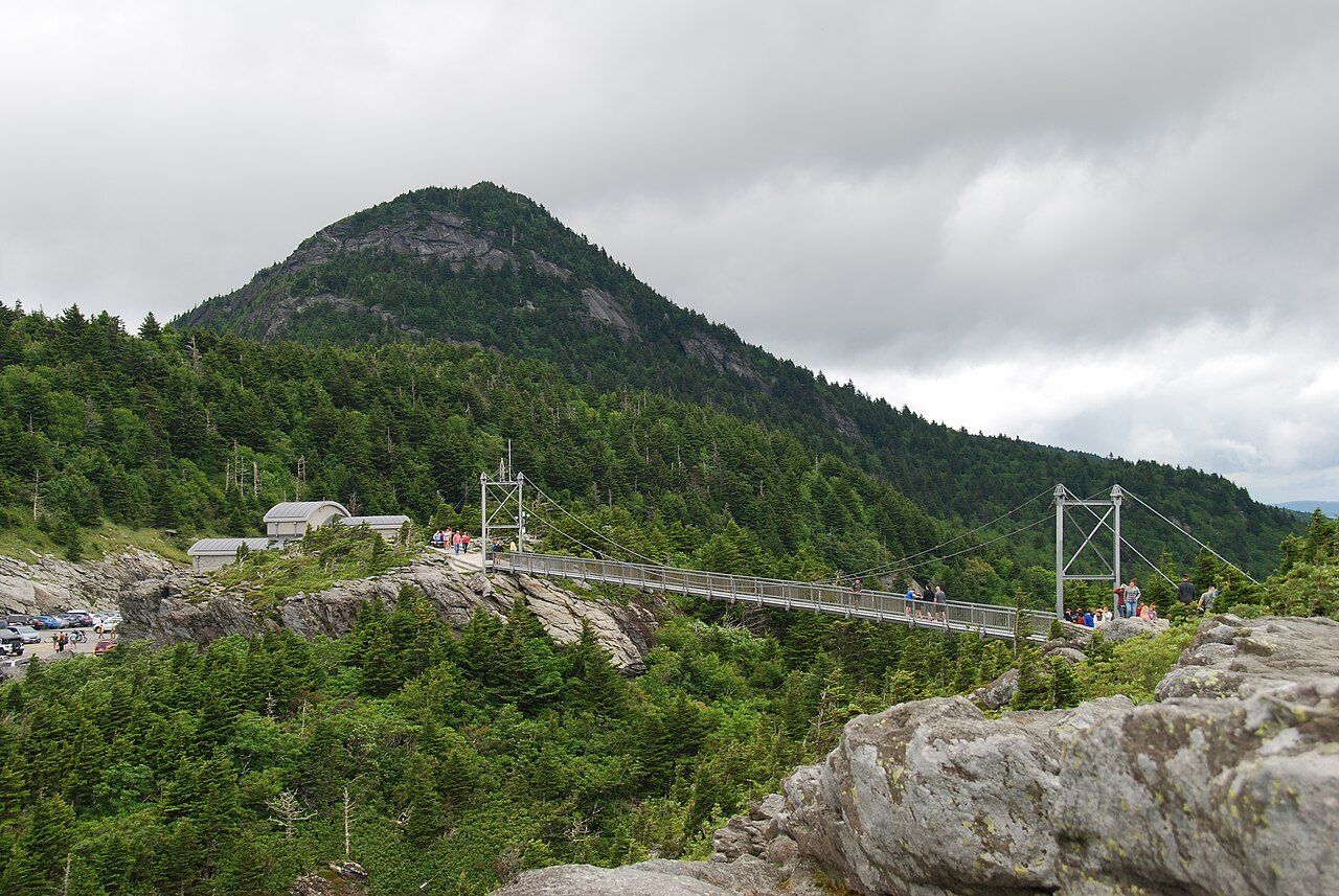 The Mile High Swinging Bridge between the rocks on Grandfather Mountain.