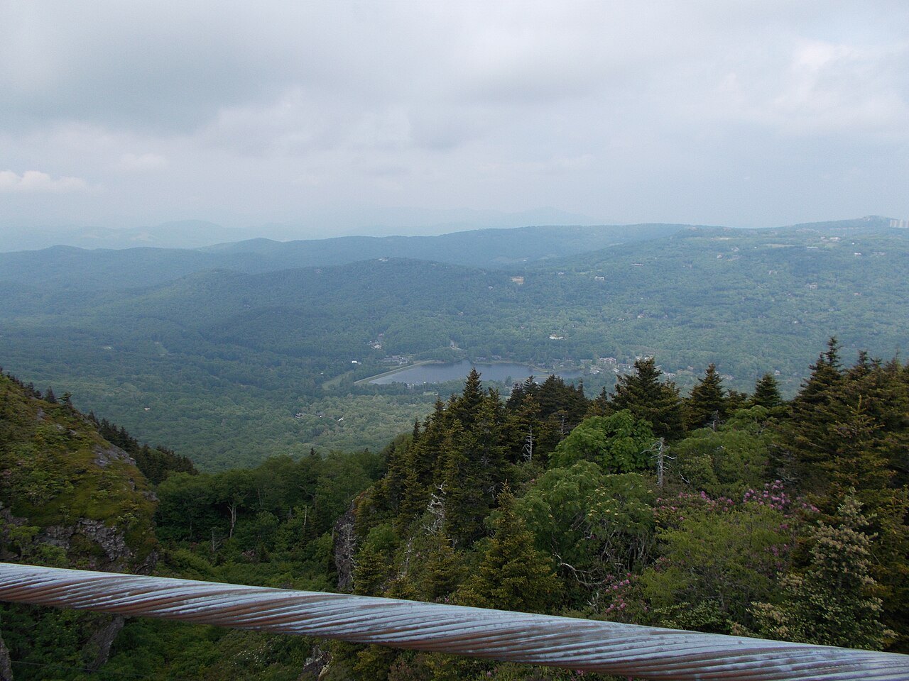 Forested ridges below the lookout rail near the Mile High Swinging Bridge on Grandfather Mountain.