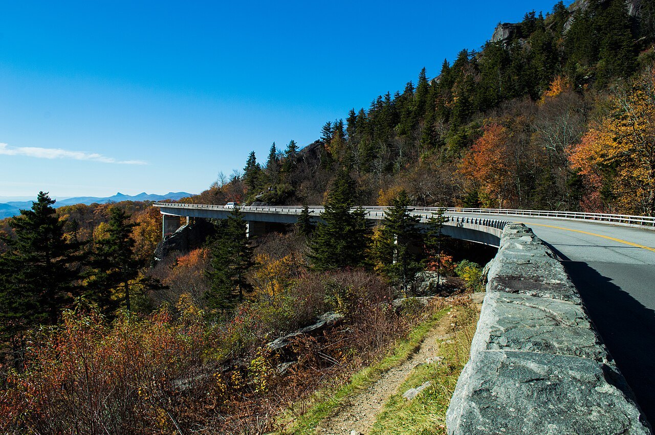 The Linn Cove Viaduct curving around the slope of Grandfather Mountain in autumn.