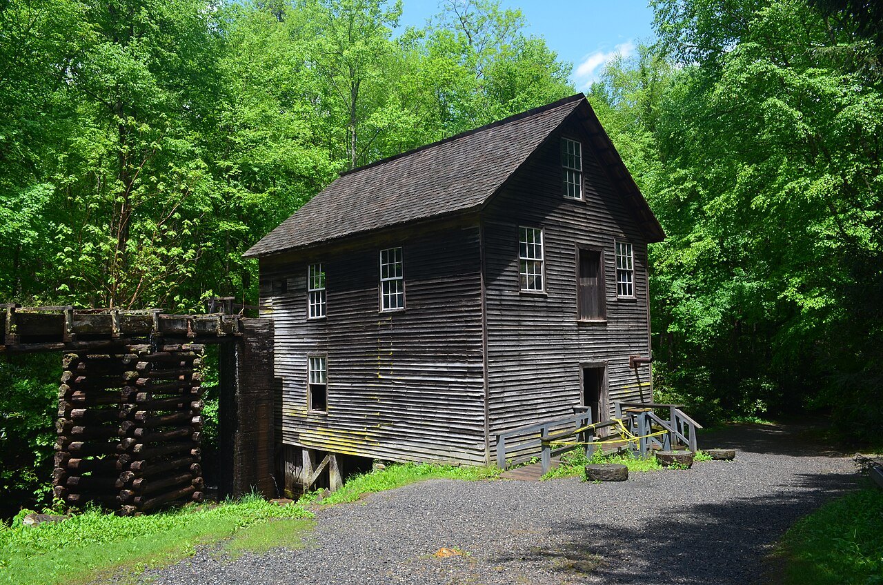 Mingus Mill and its wooden flume among the trees north of Cherokee.
