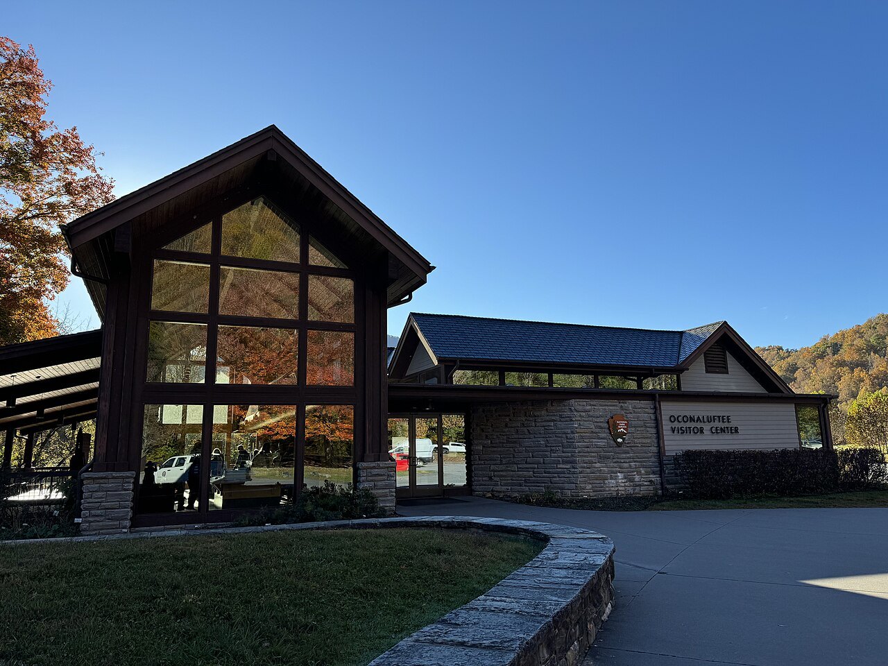 The timber-framed Oconaluftee Visitor Center in October.