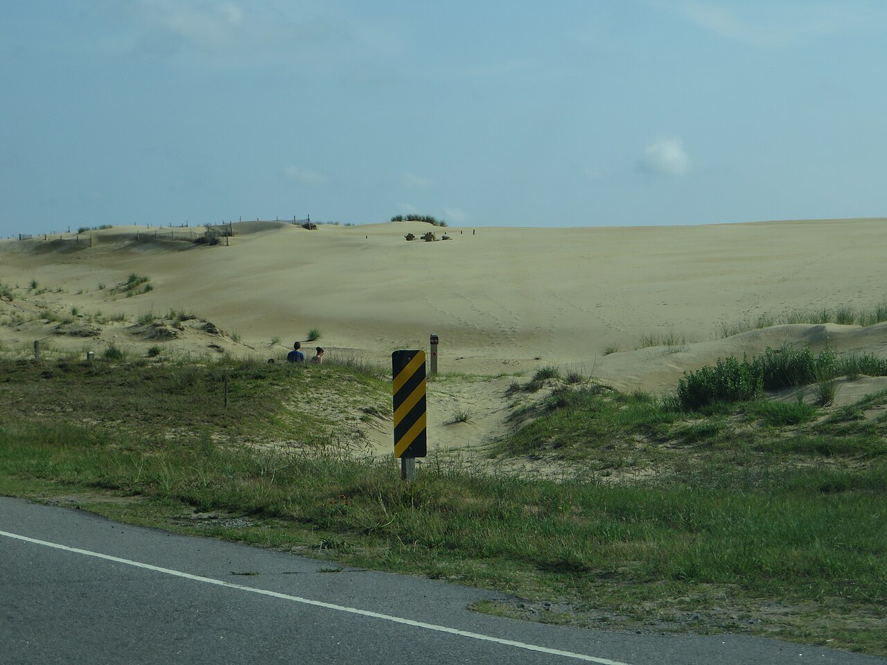 The pale dunes of Jockey's Ridge seen from the roadside.