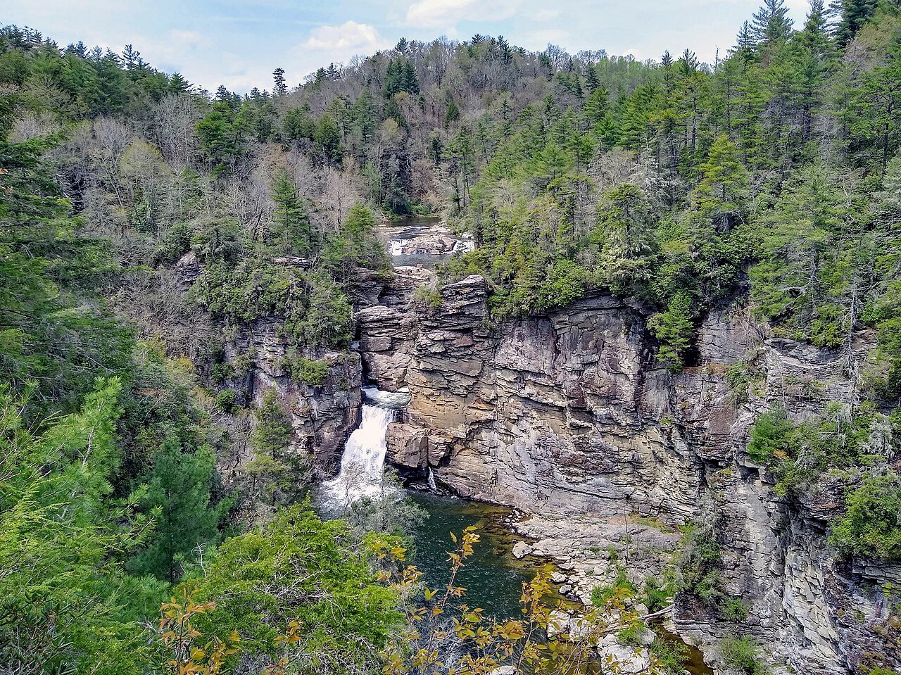 Linville Falls dropping into its rock-walled gorge.