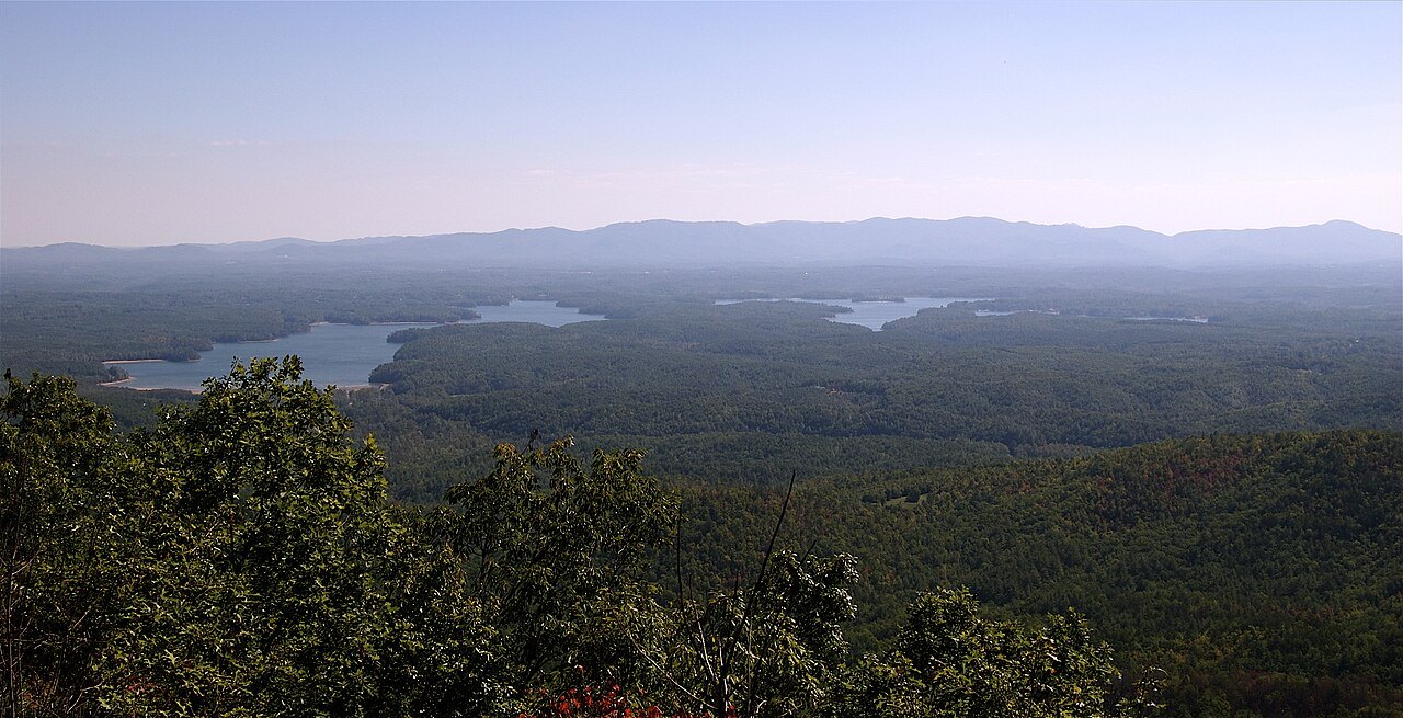 Lake James and the Piedmont beyond, seen from above the gorge.