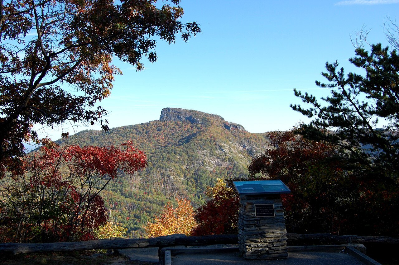 Table Rock above the Linville Gorge, framed by autumn leaves at Wiseman's View.