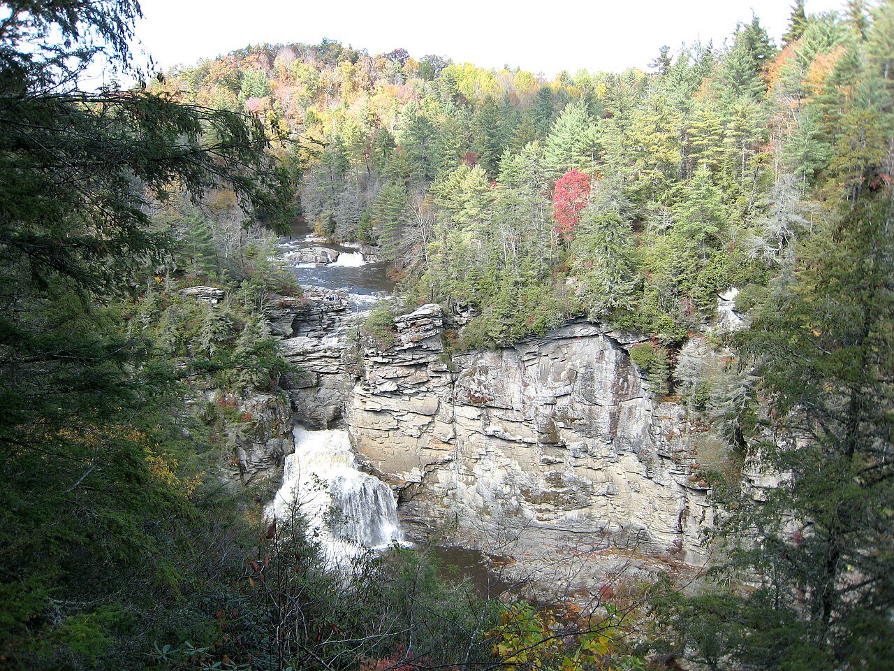 Linville Falls dropping between rock walls lined with hemlock.