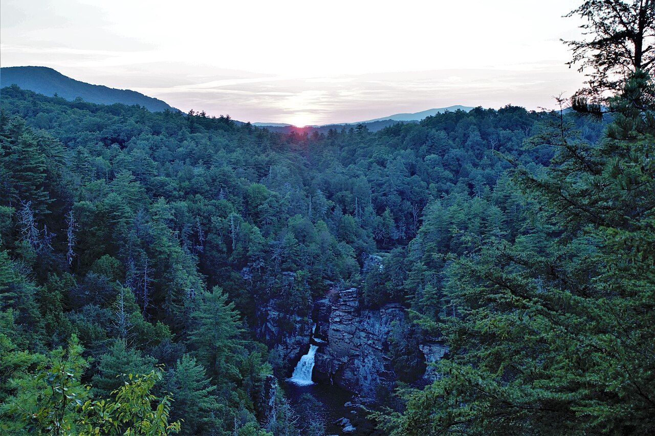 Linville Falls far below in the gorge at sunset.