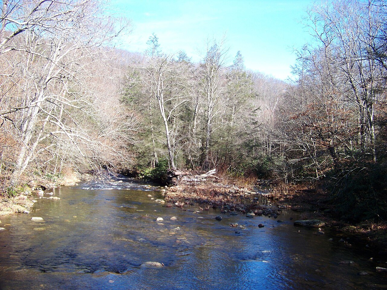 The South Toe River running clear below bare winter woods.