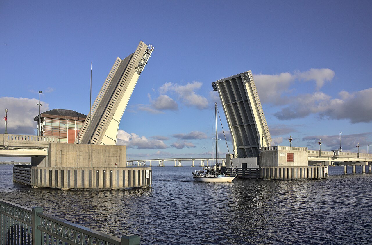 The drawbridge at Union Point Park in New Bern, raised for a sailboat.
