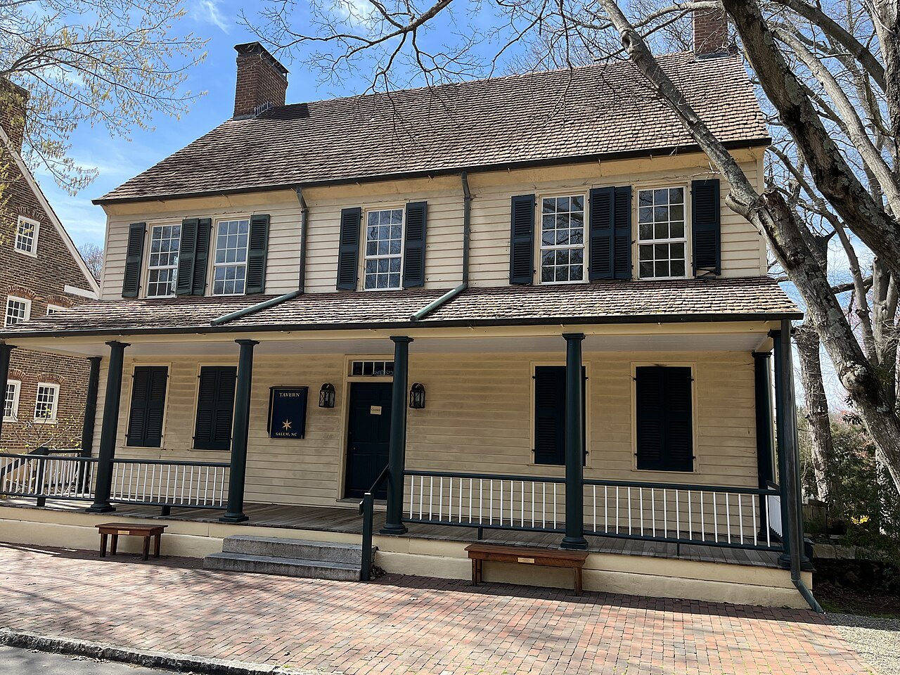 The long porch of the Salem Tavern in Old Salem.