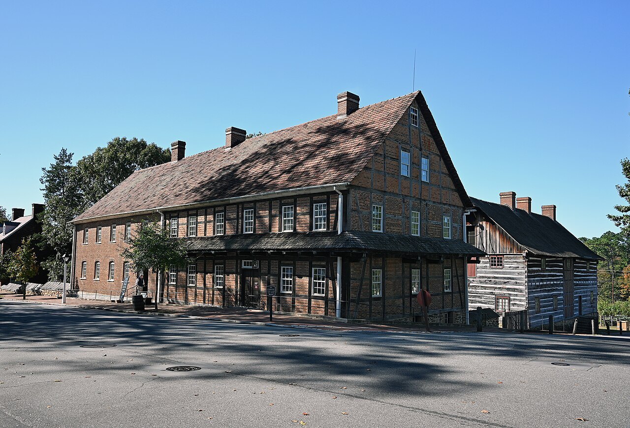 The half-timbered Single Brothers' House on Main Street in Old Salem.