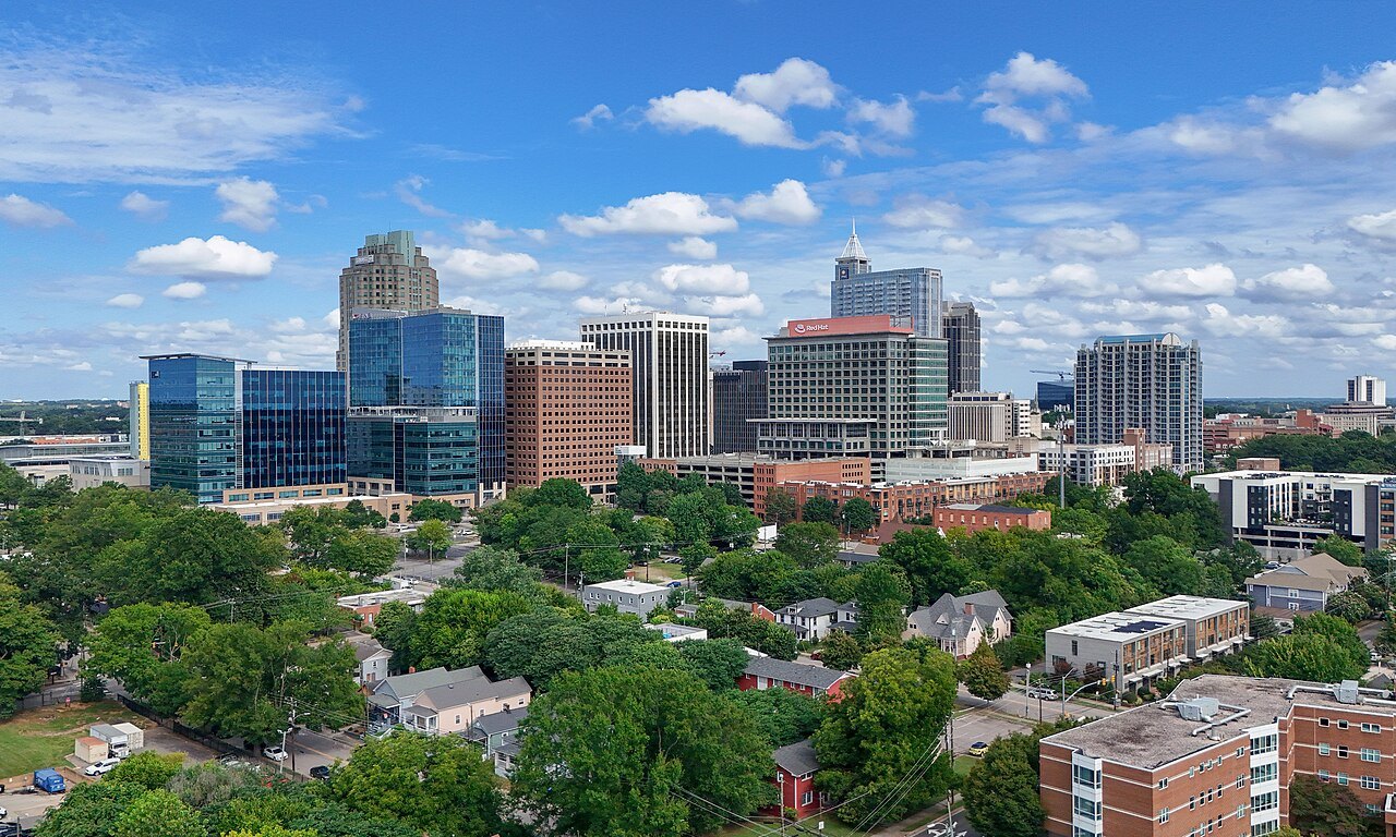 Downtown Raleigh's towers above the trees of its neighborhoods.