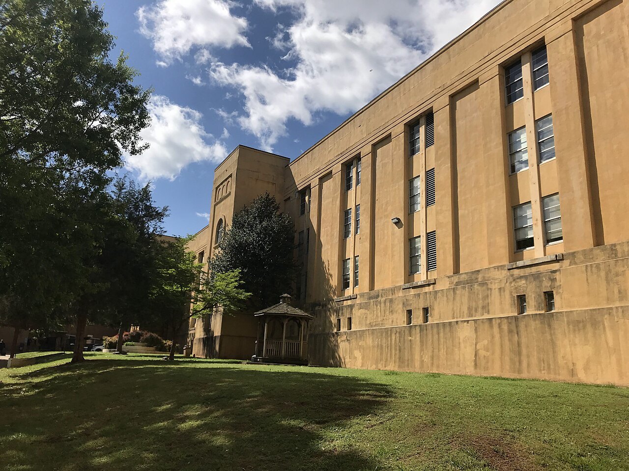 The long buff-brick hospital building on the Dorothea Dix campus in Raleigh.
