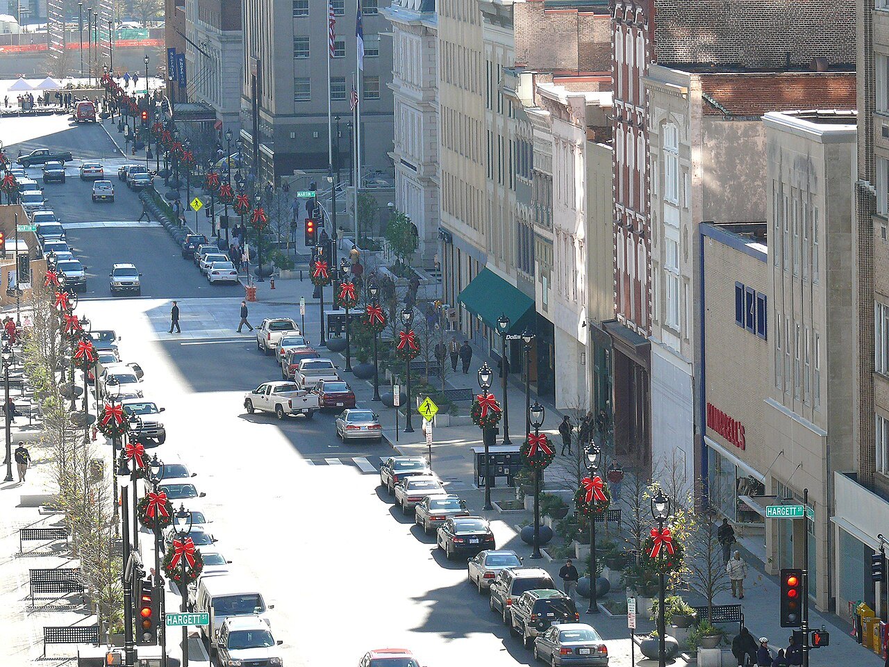 Fayetteville Street in downtown Raleigh, seen from above.