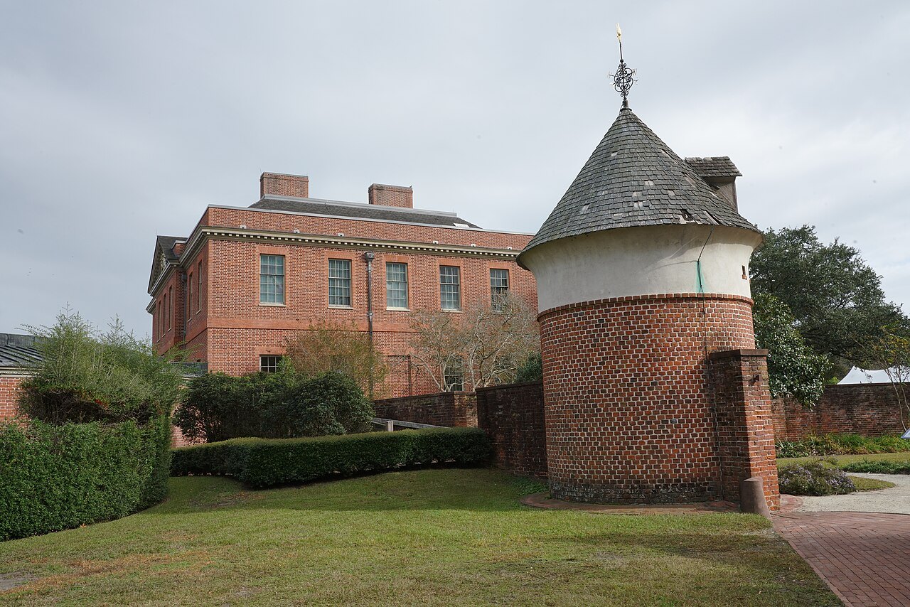 A round brick dovecote tower beside the palace at Tryon Palace.
