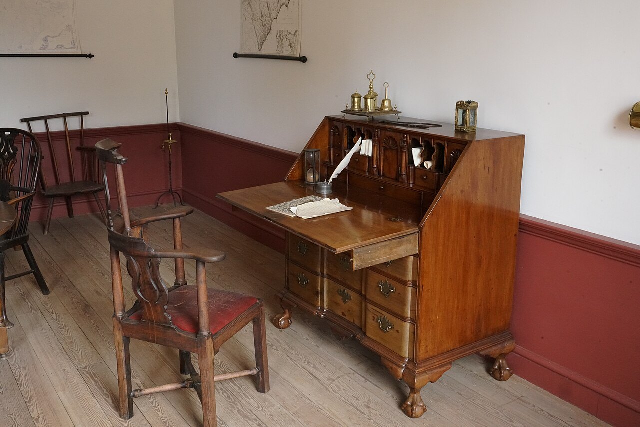 A slant-front desk in a period room at Tryon Palace.