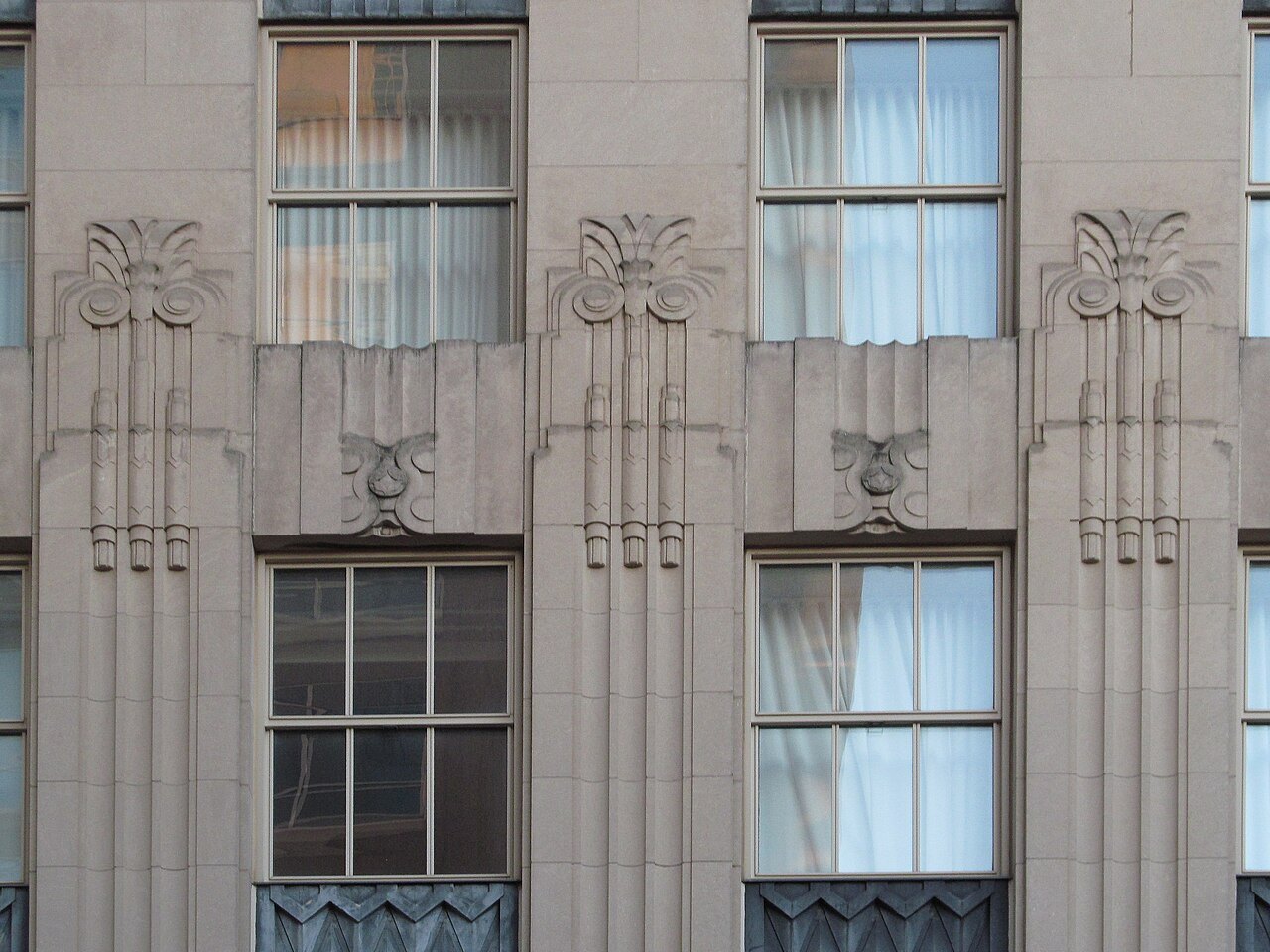 Carved Art Deco ornament on the stone front of the Reynolds Building.