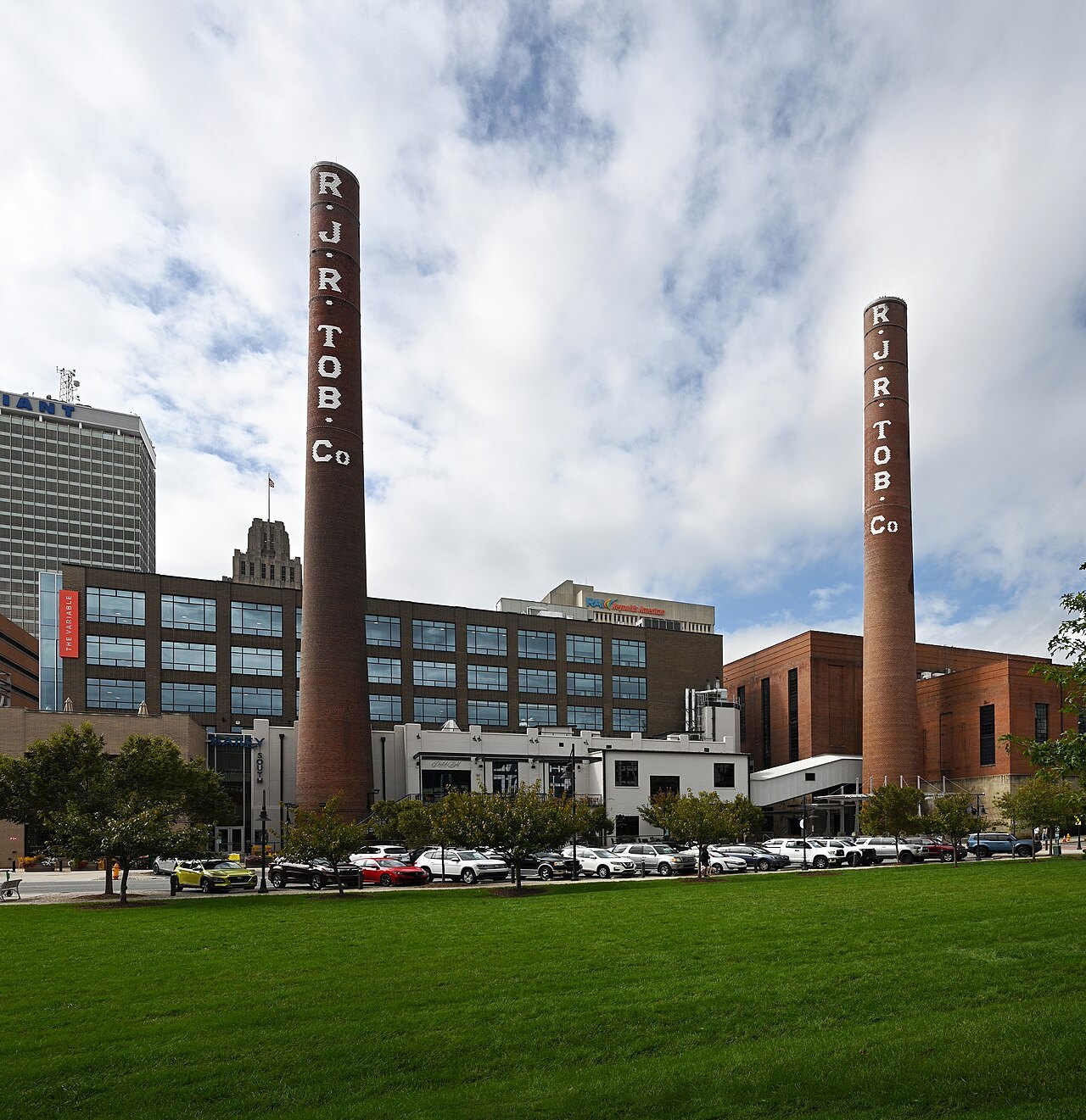 The two tall R. J. Reynolds Tobacco smokestacks in downtown Winston-Salem.