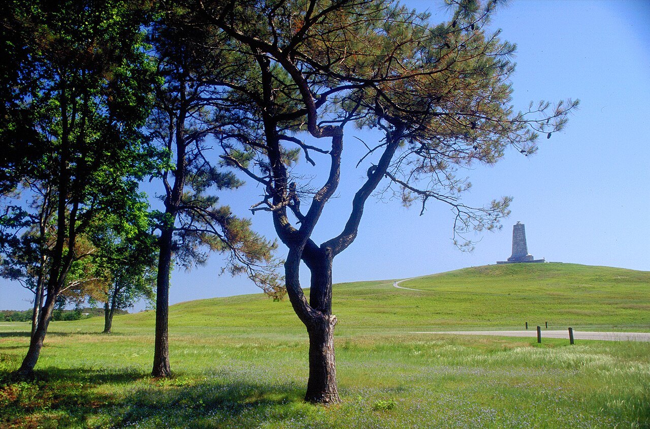 Wind-shaped trees below the Wright Brothers Memorial on Kill Devil Hill.