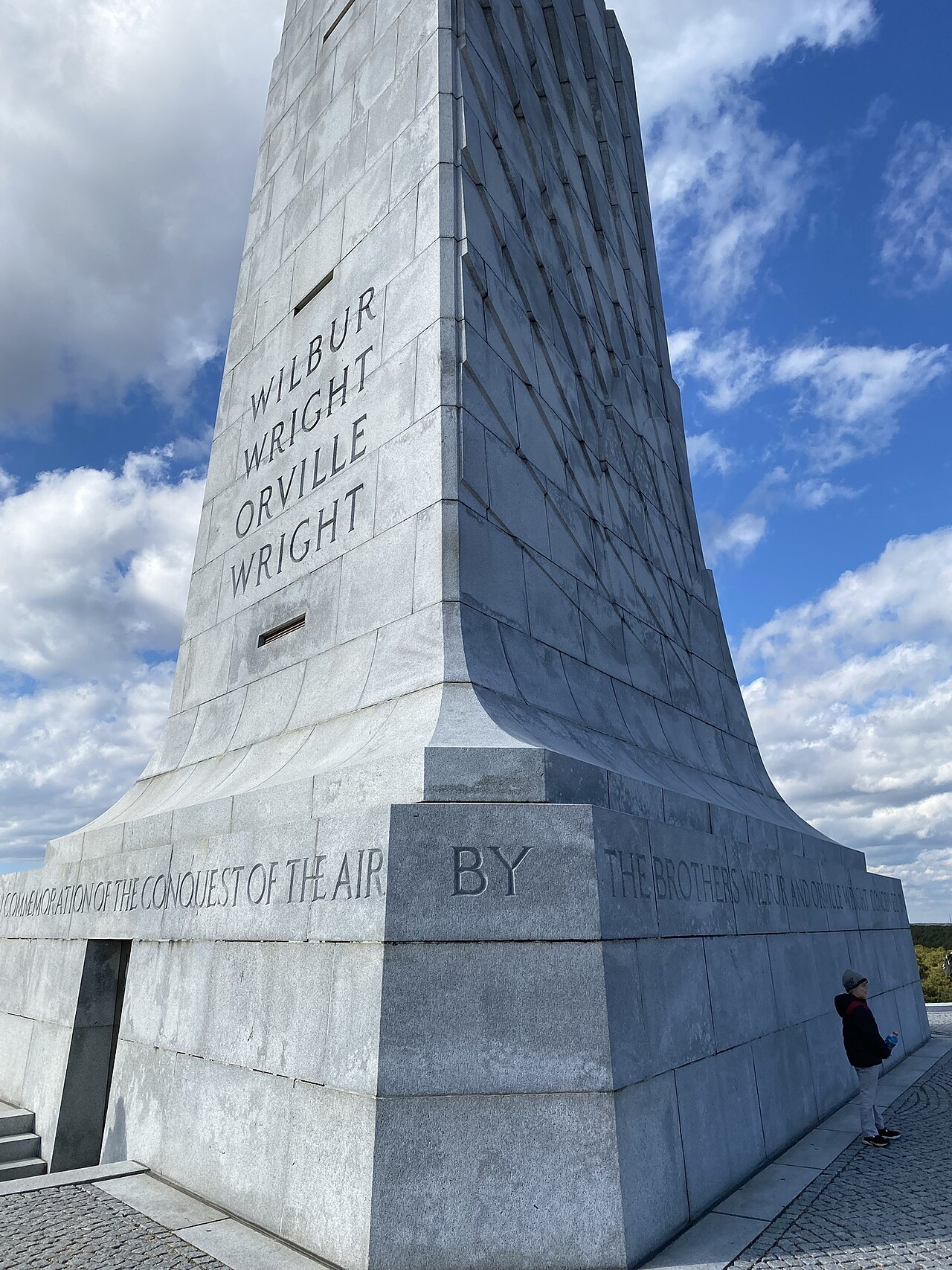 The granite Wright Brothers Memorial seen from its base.
